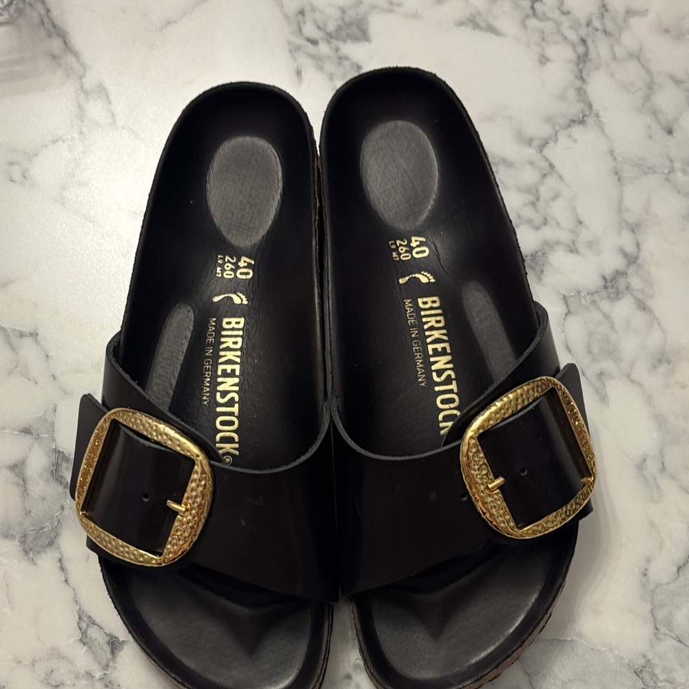 Birkenstock Black Slides with Gold Accents